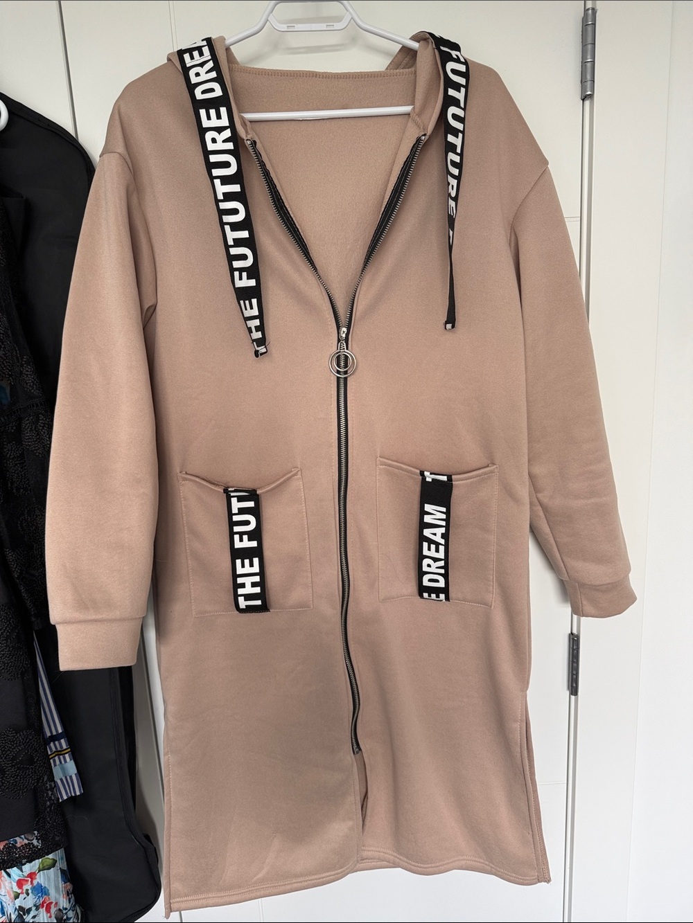 Long Hooded Zip Coat in Taupe with Graphic Tape